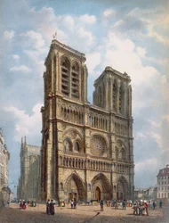 Vy över västfasaden på Notre-Dame-katedralen, Paris, ca 1840